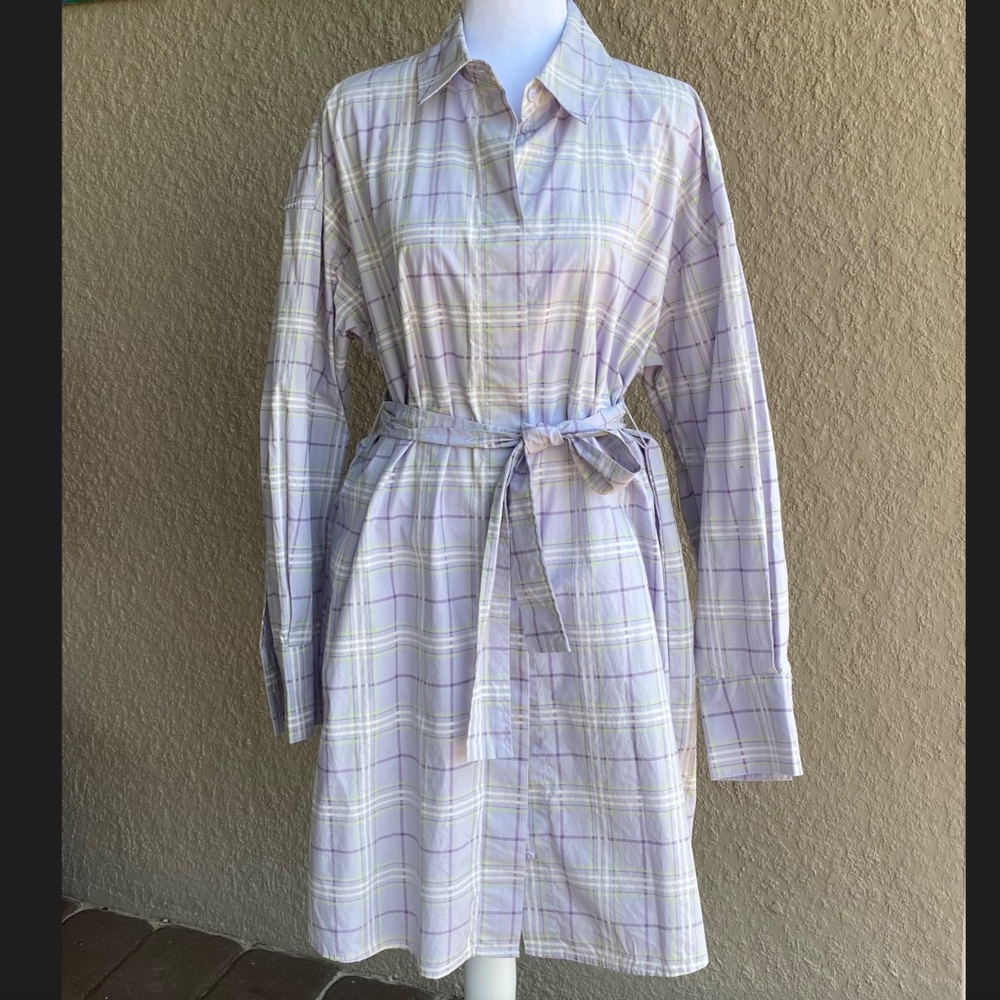 H&M/Divided Lavender Checked Cotton Tie-Belt Shirt Dress Sz M